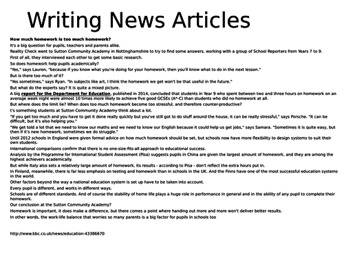 Writing Newspaper Articles - read a model, analyse it and plan your own