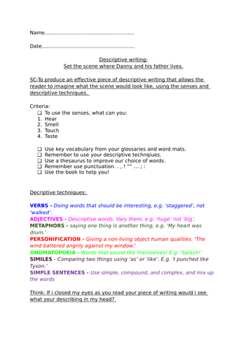 Descriptive Writing Presentation And Assessment For Danny Champion of the World