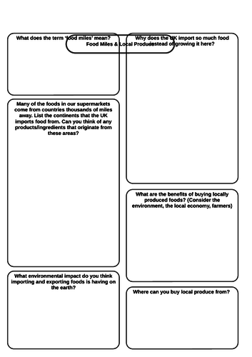 Food Miles question sheet