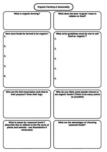 Organic Food and Seasonality question sheet