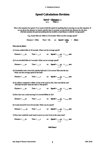 Speed = Distance / Time - lots of independent revision questions - for automaticity and fluency
