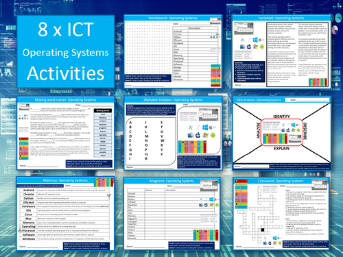 8 x Operating Systems OS Activities ICT Computing Keywords KS3 GCSE Wordsearch Crossword Cover