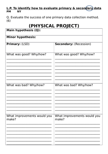 evaluation of primary and secondary methods sheets AQA OCR edexcel