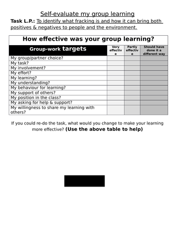 groupwork self evaluation sheet metacognition reflection group work