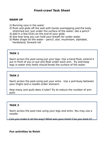 Swimming Task Cards for KS3  (lower ability pupils)