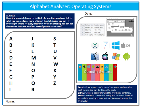Operating Systems Alphabet Analyser Sheet ICT Computing Starter Activity Keywords KS3 GCSE Cover