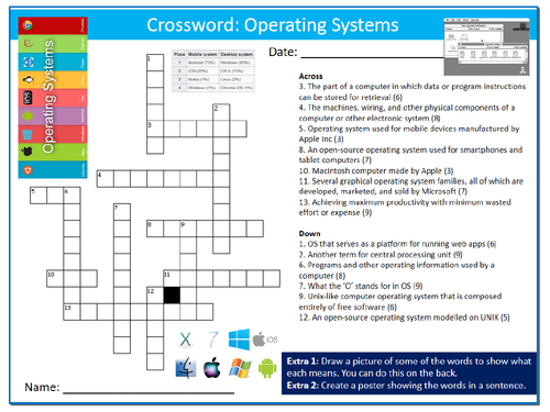 Operating Systems Crossword Puzzle Sheet ICT Computing Starter Activity Keywords KS3 GCSE Cover