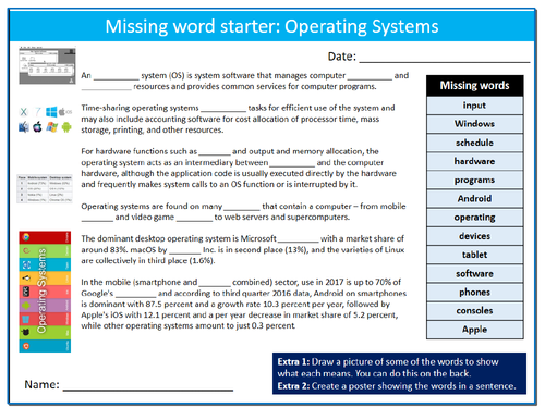 Operating Systems Missing Words Cloze Sheet ICT Computing Starter Activity Keywords KS3 GCSE Cover