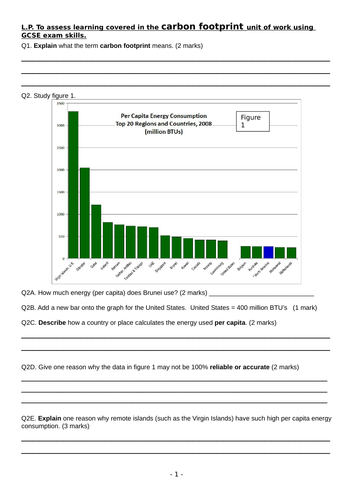 carbon footprint test assessment KS3 or 4 geography science