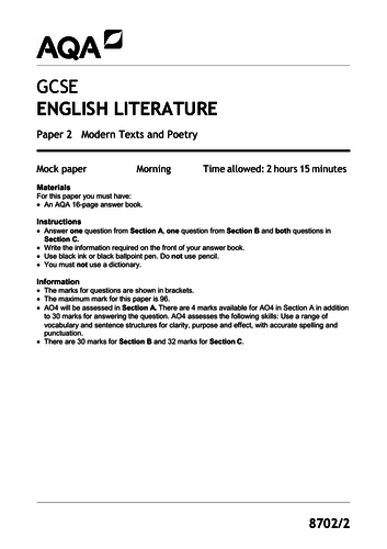 1 x mock paper for AQA English Literature GCSE paper 2 (formatted ...