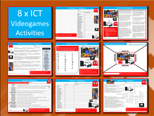 8 x Videogames Activities ICT Computing Keywords KS3 GCSE Wordsearch Crossword Cover