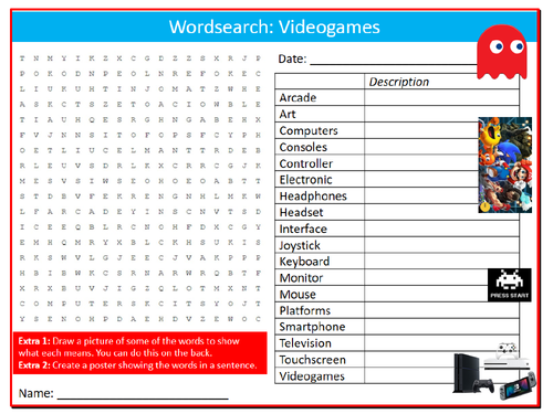 Videogames Wordsearch Sheet ICT Computing Starter Activity Keywords KS3 GCSE Cover