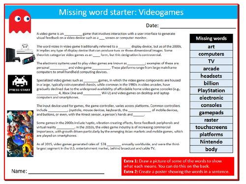 Videogames Missing Words Cloze Sheet ICT Computing Starter Activity Keywords KS3 GCSE Cover