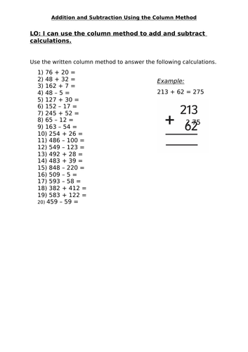 Addition and Subtraction Column Method