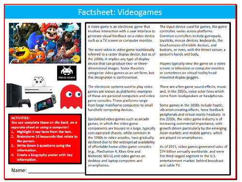 Videogames Factsheet Sheet ICT Computing Starter Activity Keywords KS3 GCSE Cover