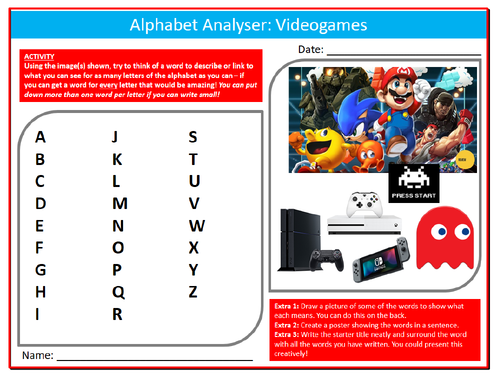 Videogames Alphabet Analyser Sheet ICT Computing Starter Activity Keywords KS3 GCSE Cover