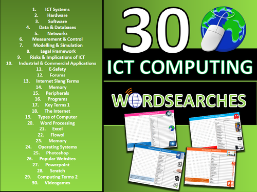 30 x Wordsearches ICT Computing GCSE or KS3 Keyword Starters Wordsearch Activity or Cover Lesson