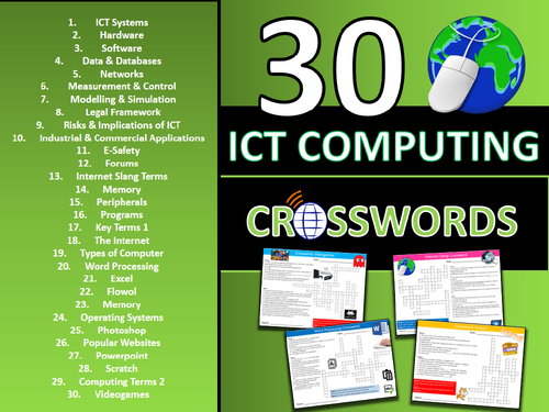 30 x Crosswords ICT Computing GCSE or KS3 Keyword Starters Wordsearch Activity or Cover Lesson