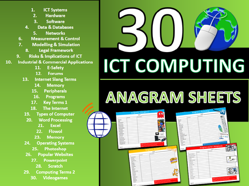 30 x Anagram Puzzle Sheets ICT Computing GCSE or KS3 Keyword Starters Activity or Cover Lesson