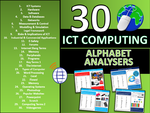 30 x Alphabet Analysers ICT Computing GCSE or KS3 Keyword Starters Activity or Cover Lesson