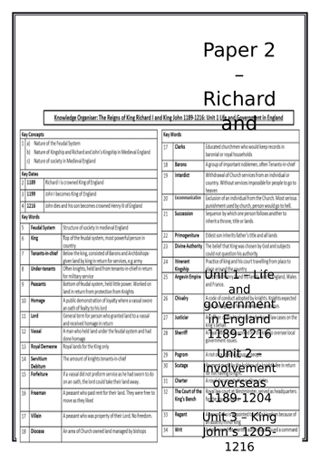 Edexcel History - Richard and John WHOLE UNIT BOOKLET