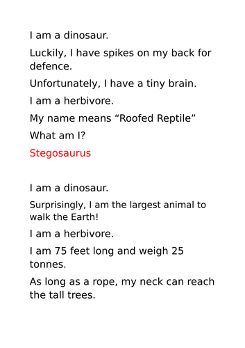 A selection of riddles for different dinosaurs
