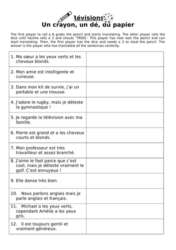 Studio 1 Module 1 C'est perso Pen paper dice translation revision