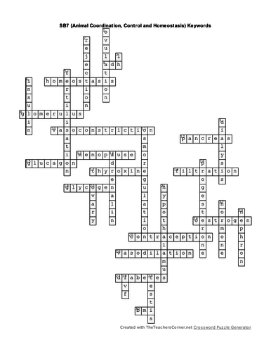 SB7 Animal Coordination, Control and Homeostasis  Keywords Crossword