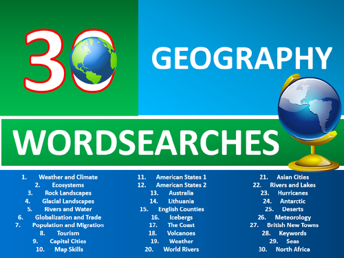 30 Geography Wordsearches Starter Activities GCSE KS3 Wordsearch etc Cover Plenary Lesson