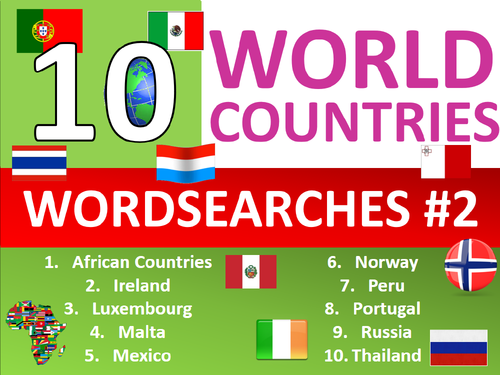 10 x Countries #2 Wordsearch Geography Starter Activity Homework Cover Lesson Plenary