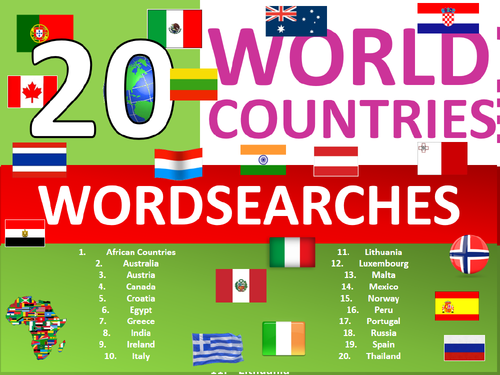 20 x Countries Wordsearch Geography Starter Activity Homework Cover Lesson Plenary