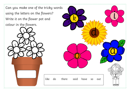 phase 4 tricky word flower pot activity (there,said,do,like,out,have and so)
