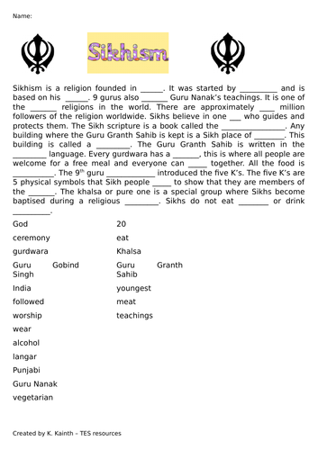 Sikhism - fill the gaps worksheet