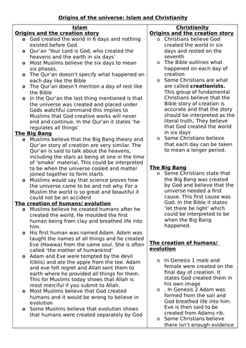 AQA9-1 Religious Studies:Religion and Life.Origins of uni/ value of life/ human origins/ pollution