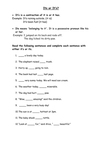 Its or It's Worksheet (With or without an apostrophe)