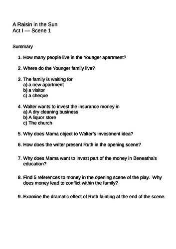 essay type questions on raisin in the sun