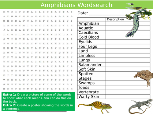 Amphibians Wordsearch Sheet Aniamsl Nature Starter Activity Keywords Cover
