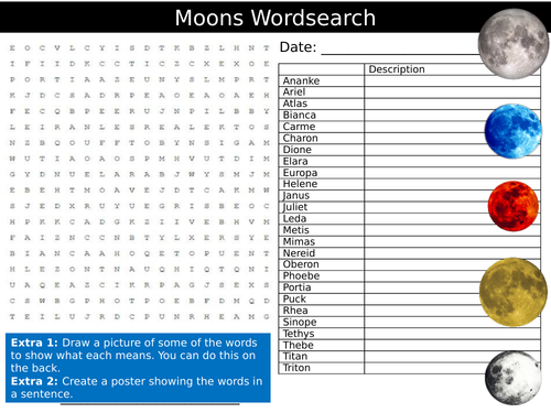 Moons Wordsearch Sheet Science Physics Starter Activity Keywords KS3 GCSE Cover