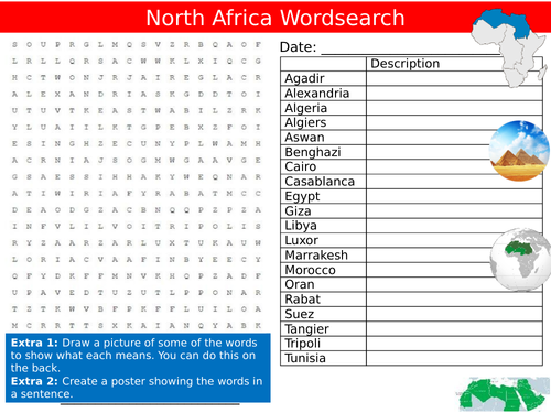 North Africa Wordsearch Sheet Geography Countries Starter Activity Keywords KS3 GCSE Cover