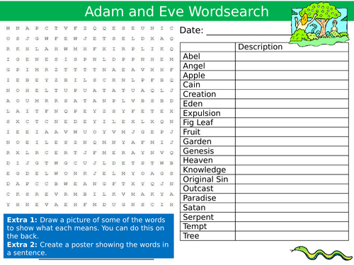 Adam and Eve Wordsearch Sheet RE Religious Studies Starter Activity Keywords KS3 GCSE Cover