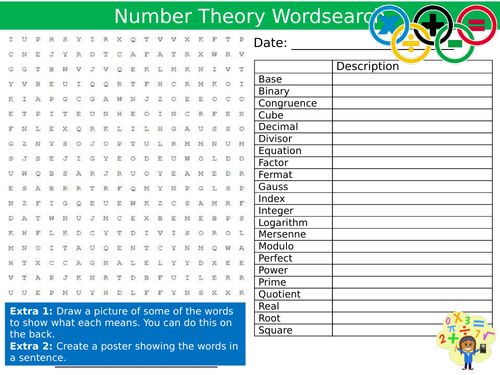Number Theory Wordsearch Sheet Maths Mathematics Starter Activity Keywords KS3 GCSE Cover