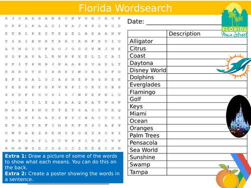 Florida Wordsearch Sheet US American State Starter Activity Keywords KS3 GCSE Cover