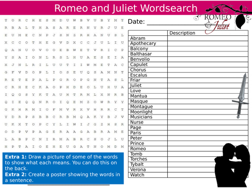 Romeo and Juliet Wordsearch Sheet Shakespeare English Literature Starter Keywords KS3 GCSE Cover
