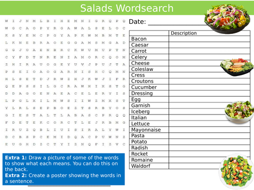 Salads Wordsearch Sheet Food Technology Starter Activity Keywords KS3 GCSE Cover