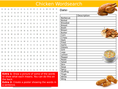 Chicken Wordsearch Sheet Food Technology Starter Activity Keywords KS3 GCSE Cover