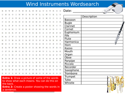 Wind Instruments Wordsearch Sheet Music Starter Activity Keywords KS3 ...