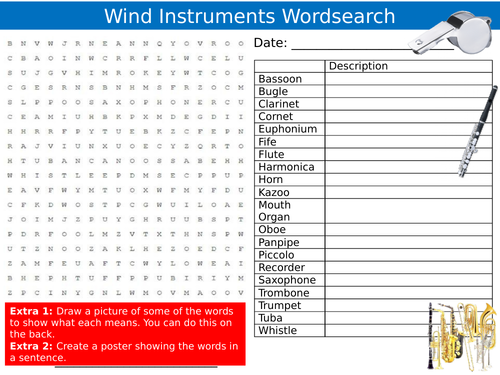 Wind Instruments Wordsearch Sheet Music Starter Activity Keywords KS3 GCSE Cover