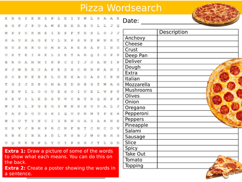Pizza Wordsearch Sheet Food Technology Starter Activity Keywords KS3 GCSE Cover