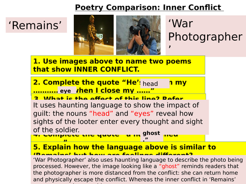English Literature GCSE Conflict Poetry Comparisons: plans & example paragraphs
