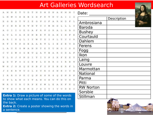 Famous Art Galleries Wordsearch Sheet Starter Activity Keywords KS3 GCSE Cover